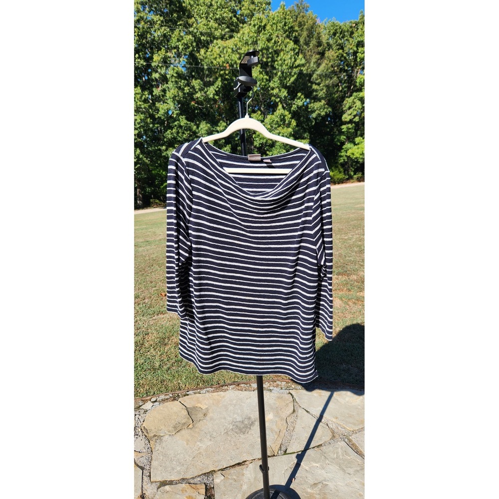 Chico's Navy Blue White Striped Cowl Neck Textured Top 3/4 Sleeve Size 3 XL